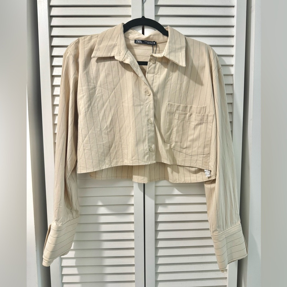 Zara Tan Crop Notched Collar Shirt